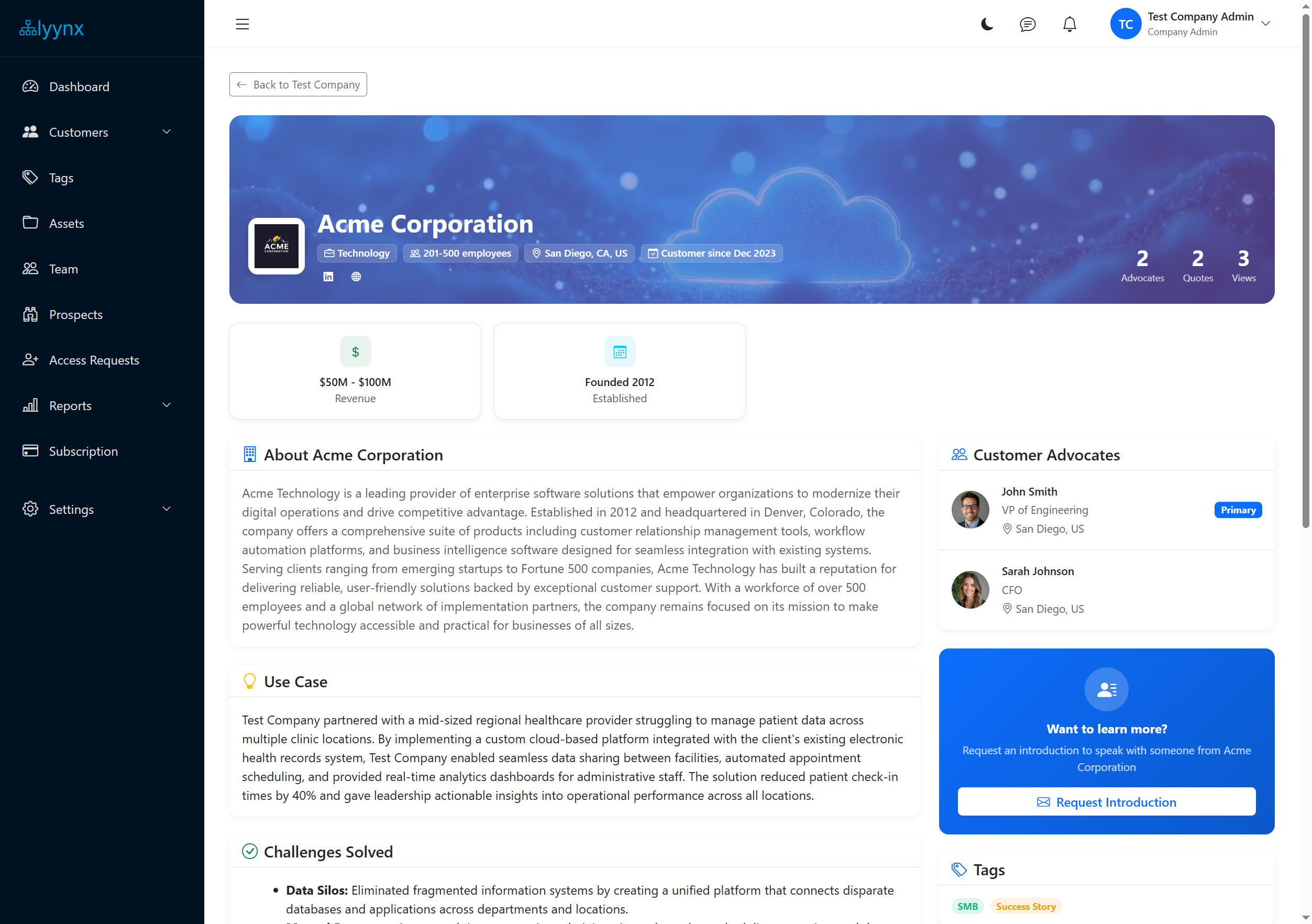 lyynx customer reference management dashboard showing reference library and prospect engagement